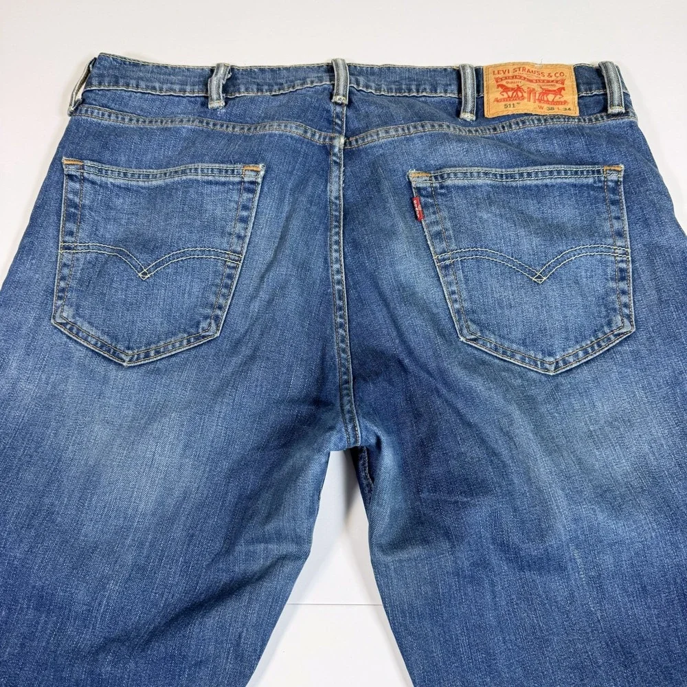 Levi's 511 Jeans Mens 38x34 Blue Denim Whiskered Stretch Distressed Straight Leg